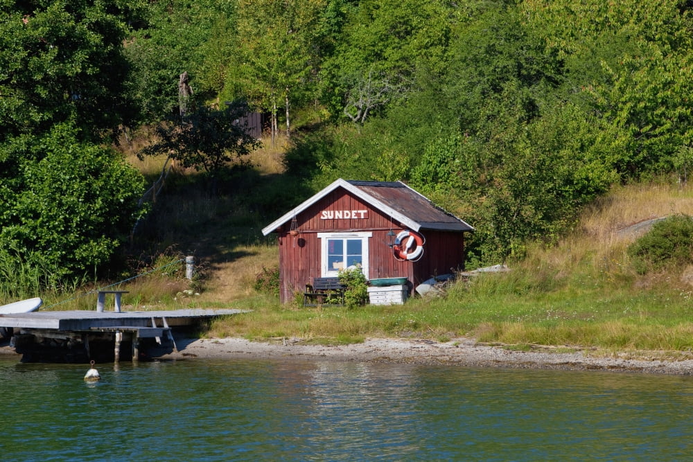Sweden Stockholm - Little red house on island in archipelago Canvas Art - Panoramic Images (27 x 9)