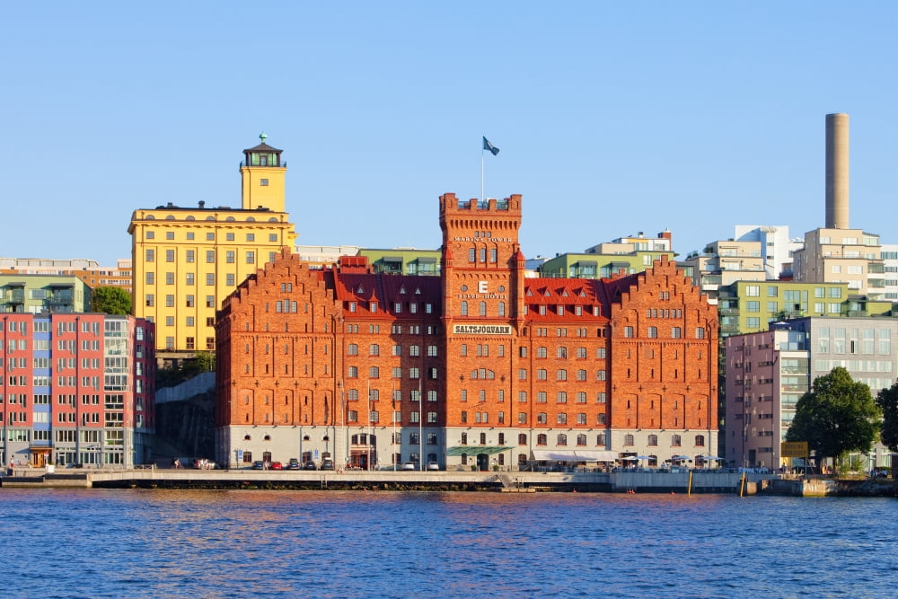 Sweden Stockholm - Saltsjoquarn and new apartment buildings by the sea Canvas Art - Panoramic Images (27 x 9)