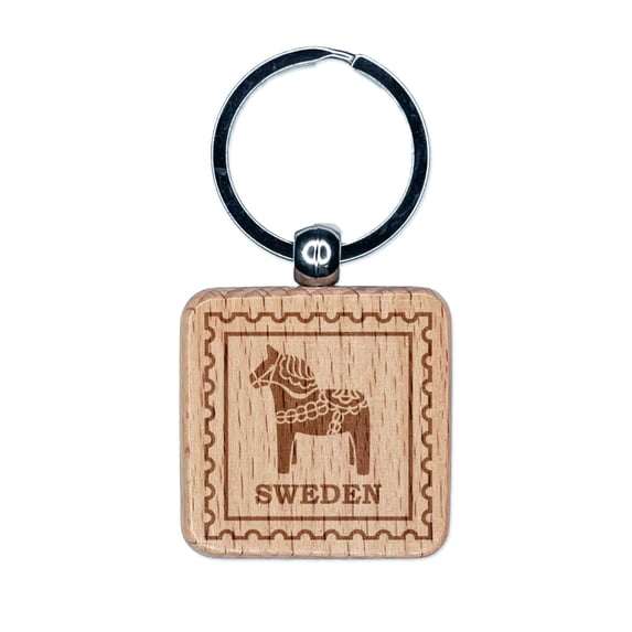 Sweden Travel Dalecarlian Dala Swedish Red Horse Square Keychain Charm Tag - Engraved Wood