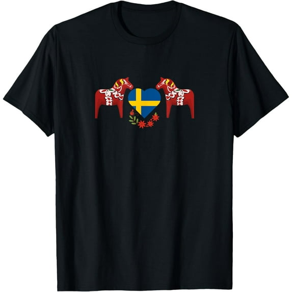 Sweden flag heart Swedish dala horses T-Shirt