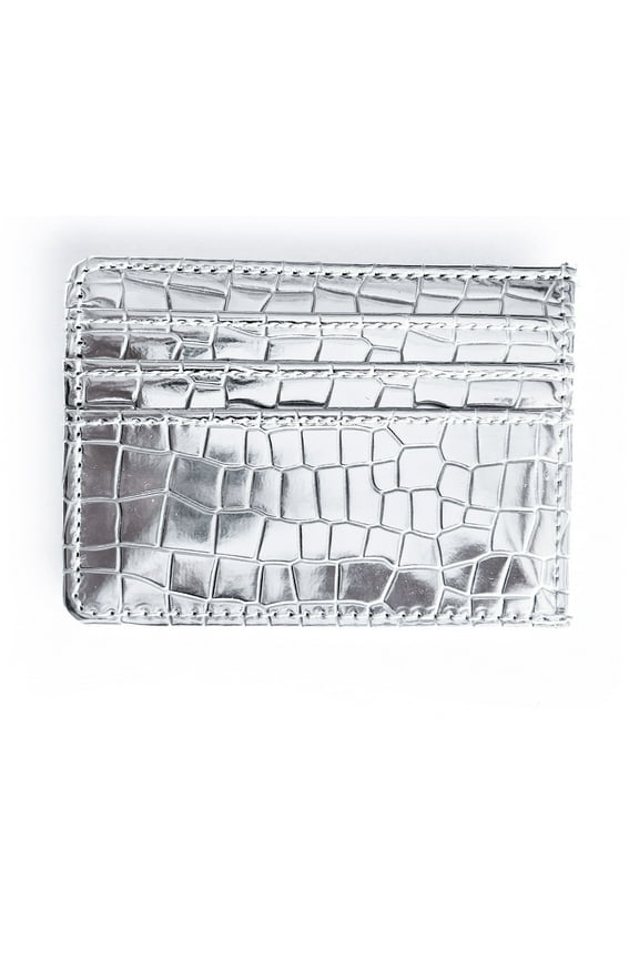 credit card holder slim design wallet in silver metallic faux leather crocodile pattern