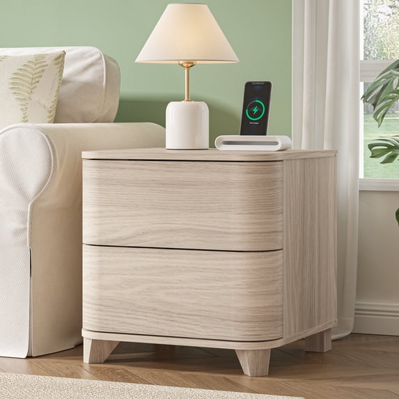 Swedhaus 19.6 Inch Modern Light Oak Nightstand with 2 Curved Drawers, Minimalist Handleless Push-to-Open Bedside Table with Rounded Edges, Wood Grain End Table for Bedroom and Living Room