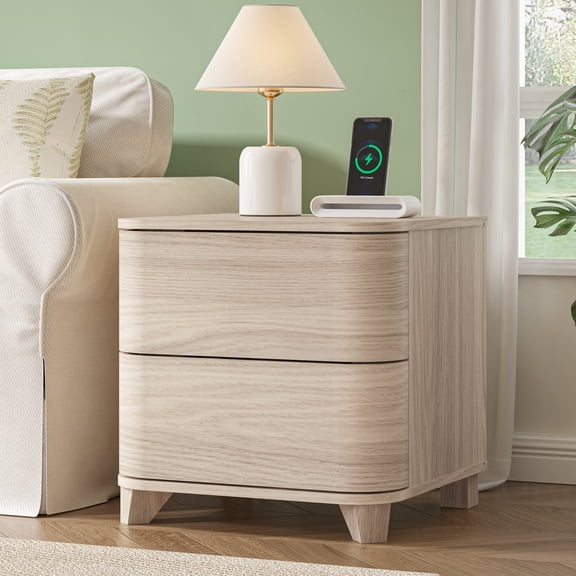 Swedhaus 19.6 Inch Modern Light Oak Nightstand with 2 Curved Drawers, Minimalist Handleless Push-to-Open Bedside Table with Rounded Edges, Wood Grain End Table for Bedroom and Living Room