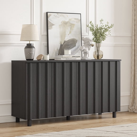 Swedhaus Fluted Sideboard Buffet Cabinet with Storage, Modern Coffee Bar Console Table for Living Room, Kitchen Storage Cabinet for Dining Room with 4 Doors,Walnut Black