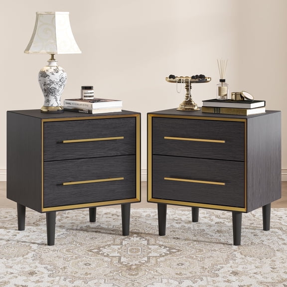 Swedhaus Modern Nightstand for Bedroom with 2 Drawers,Wood Bedside Table for Living Room with Gold Metal Handle,2 Pack