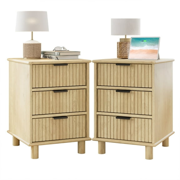 Swedhaus Fluted Nightstand for Bedroom,Wood Bedside Table with 3 Drawers,Storage Cabinet for Living Room Hallway Entryway,2 Pack