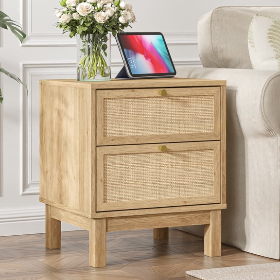 Swedhaus Rattan Nightstand with 2 Drawers, Boho Bedside Table with Golden Handles and Solid Wood Legs, Natural Oak End Table for Bedroom, Living Room