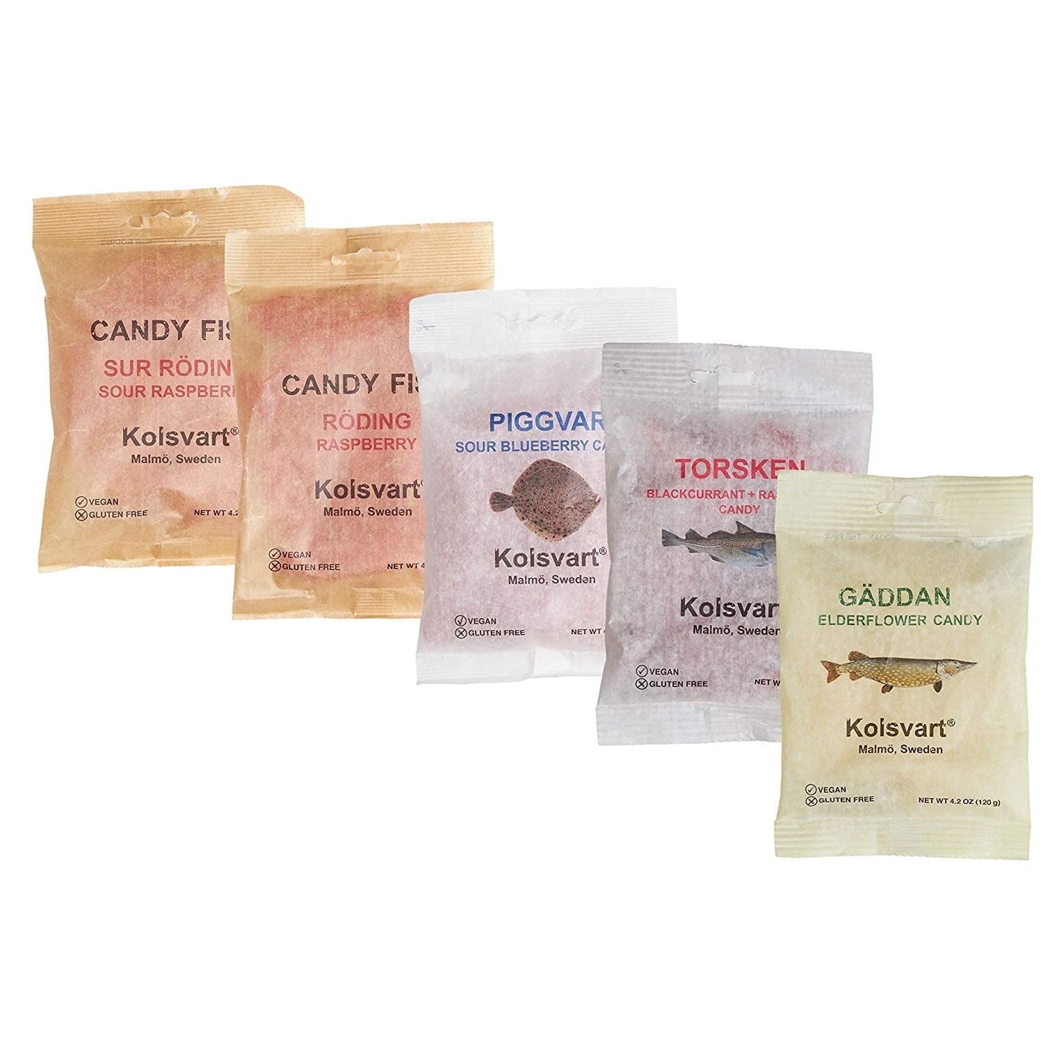 Swedish Candy Variety Pack, 4.2 Ounces - Raspberry, Blackcurrant & Raspberry, Sour Blueberry, Sour Raspberry, Elderflower (Pack of 5)