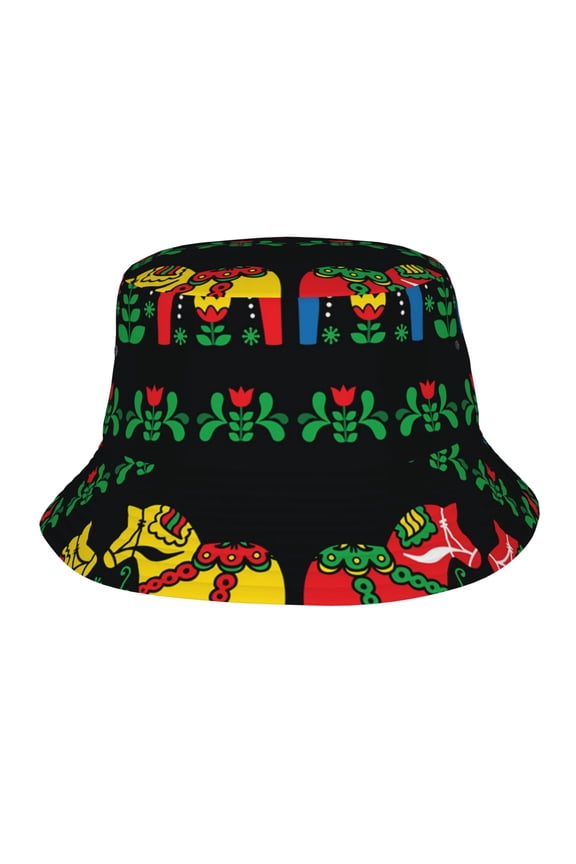 Swedish Dala Horses Folk Bucket Hat Beach Sun Outdoor Cap Packable Fisherman Hat for Women and Men