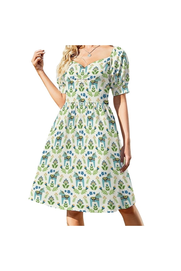 Swedish Dala Horses Teal Sleeveless Dress elegant and pretty women's dresses women's clothing korea stylish elegant women's sets