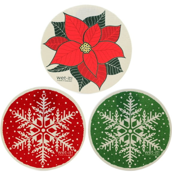 Swedish Dish Cloth Poinsettia Snowflakes Round Eco Friendly Wr1018*W1021*W1022