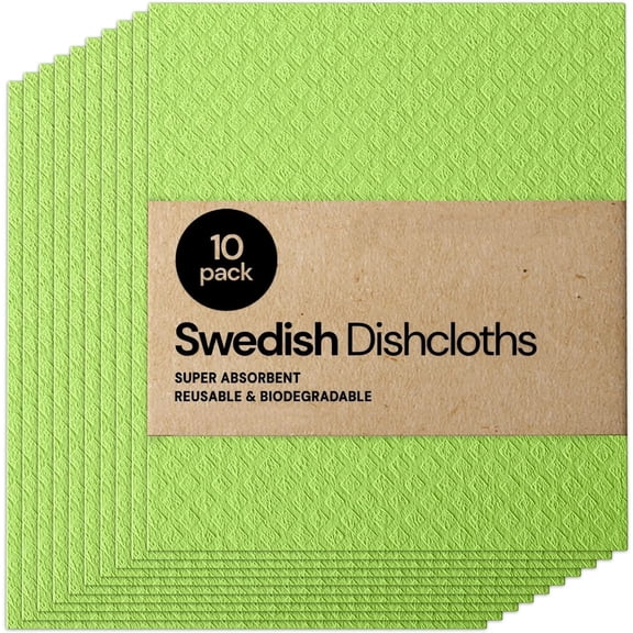 Swedish DishCloths for Kitchen- 10 Pack Reusable Paper Towels Washable - Eco Friendly Cellulose Sponge Microfiber Dish Cloths - Kitchen Essentials - Lime