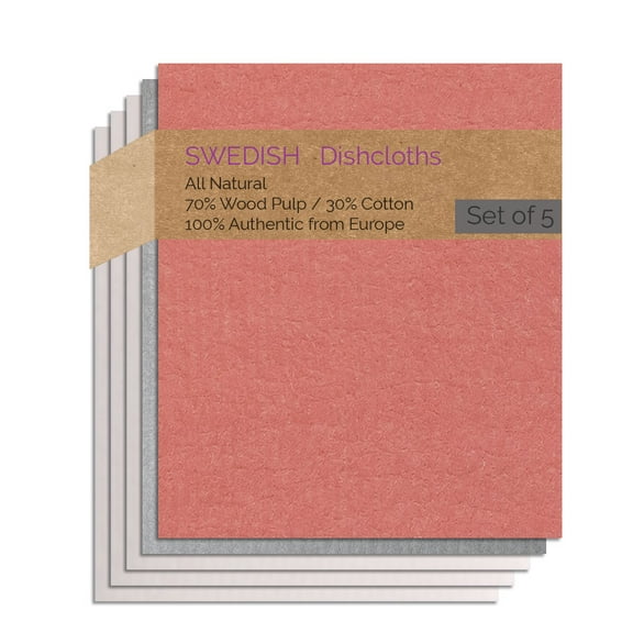 Swedish Dishcloth 5 PK (1 Gray, 1 Salmon, 3 Natural) Combo GSNNN Paper Towel Replacements | Swededishcloths | ECO Friendly Reusable Absorbent Cleaning Sponge Cloths