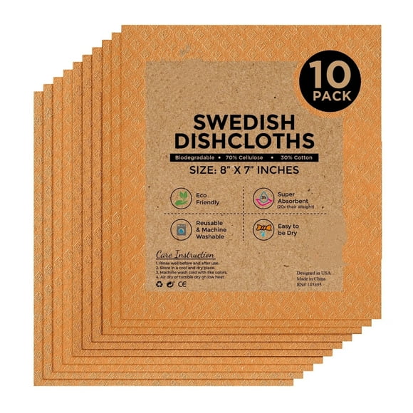 Swedish Dishcloths 10-Pack,(8"x7" Inches - Orange) Reusable Kitchen Paper Towels | Washable Cleaning Cloths | Washable Sponge Towel for Dishes,Counter & Car Wash Disposable Washcloths