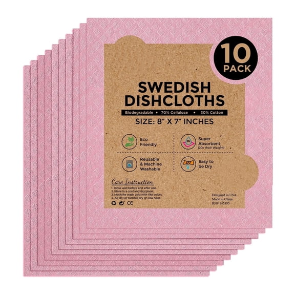 Swedish Dishcloths 10-Pack,(8"x7" Inches - Pink) Reusable Kitchen Paper Towels | Washable Cleaning Cloths | Washable Sponge Towel for Dishes,Counter & Car Wash Disposable Washcloths