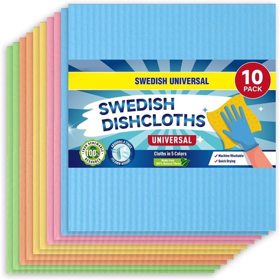 Swedish Dishcloths, 10 Pack, Ultra Absorbent Cellulose Kitchen Cloths, Paper Towels, Multi-Purpose Cleaning Rags for Kitchen & Bathroom (5 Assorted Colors)