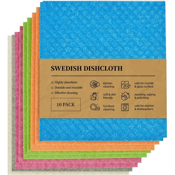 Swedish Dishcloths for Kitchen 10 Pack,Cellulose Sponge Cloths,No Odor Reusable Cleaning Cloths,Super Absorbent Dish Cloth Hand Towel for Kitchen,Bathroom,Glass Surface,Furniture