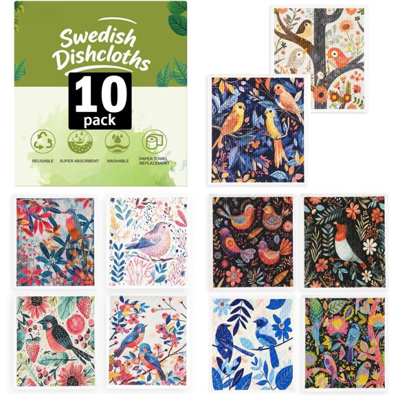 Swedish Dishcloths for Kitchen ,10 Packs,Bird Flower | Cellulose Sponge Cloths, Paper Towel Alternative,Super Absorbent & Quick Drying,Non-Scratch Dish Rags