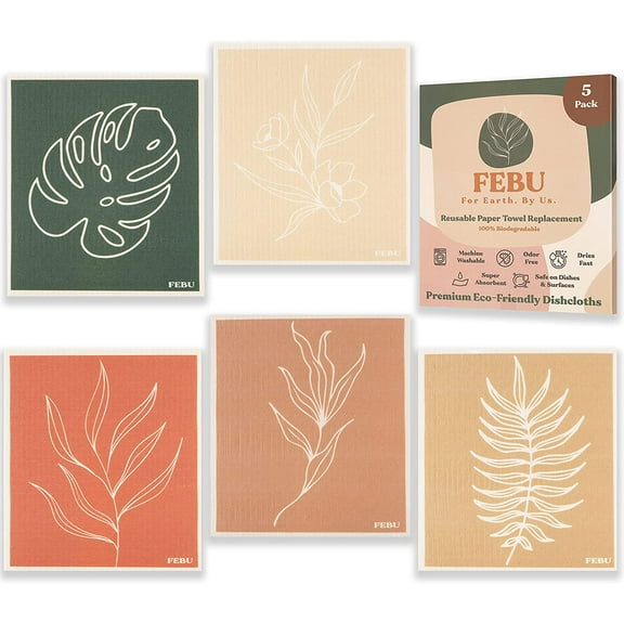 Swedish Dishcloths for Kitchen | 5 Pack Floral Zero Waste Gift | Cellulose Sponge Cloths | Non Scratch Reusable Paper Towels | No Odor, Biodegradable and Reusable Kitchen Dish Rags