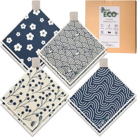Swedish Dishcloths Kitchen, 8 Pack Japanese Pattern Reusable Paper Towels with Clips, Non-Scratch Swedish Dish Towels, Super Absorbent Cellulose Dish Cloths, No Odor