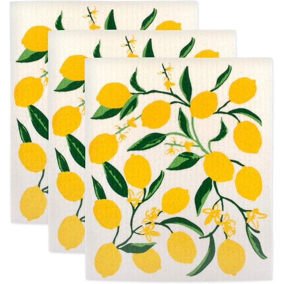 Swedish Dishcloths Kitchen & Cleaning, Reusable, Machine Washable & Dishwasher Safe, Biodegradable, 7. 75 x 6. 75, Lemons, 3 Piece