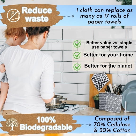 Swedish Dishcloths for Kitchen - Ecofriendly Reusable Paper Towels, Biodegradable Dish Cloths - Cellulose Sponge Dish Cloths for Washing Dishes - 8 Pack (Black & White)