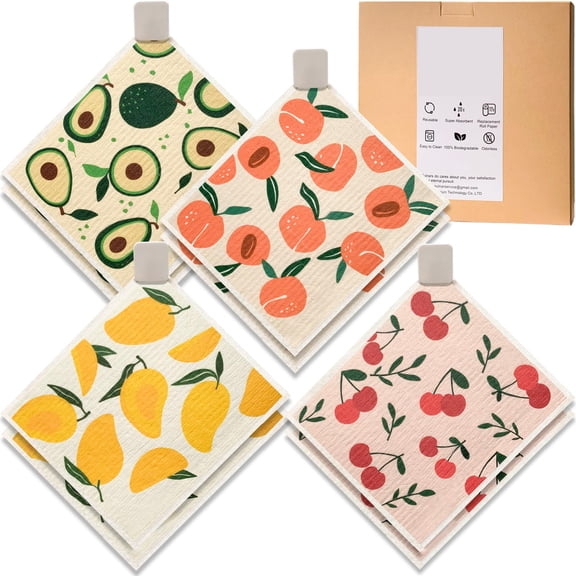 Swedish Dishcloths, Reusable Paper Towels 8 Pack with Clips, Super Absorbent Cellulose Sponge Cloths for Kitchen, Non-Scratch Dishwasher Safe, Multi-Design