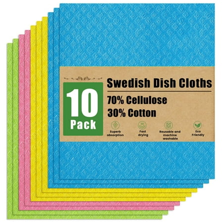 Swedish Dishcloths for Kitchen 10 Pack Washable Dish Cloths Reusable Absorbent Cellulose Sponge Cloths,Assorted