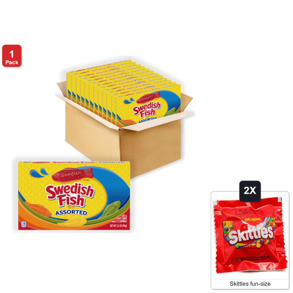 Swedish Fish Assorted Soft and Chewy Candy, 12 Boxes x 3.5 oz Each, with 2 Skittles Fun Size