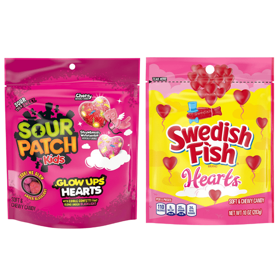 Swedish Fish Hearts Soft & Chewy Candy & Sour Patch Kids Glow Ups Hearts, 10 oz each, 2 Pack Variety