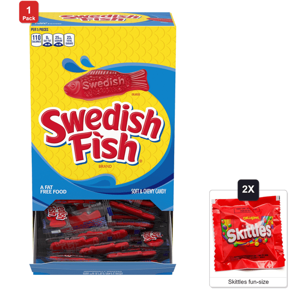 Swedish Fish Individually Wrapped Soft and Chewy Candy, 240 Count Box, with 2 Skittles Fun Size