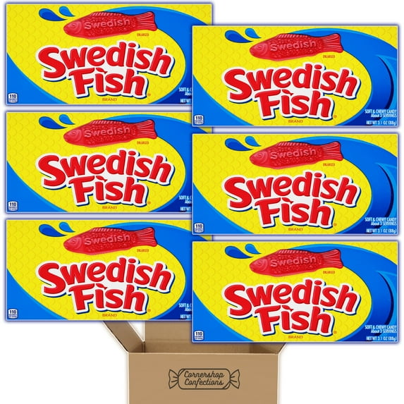 Swedish Fish Movie Theater Box Candy Bundle Pack - 6 Individually Sealed 3.1 Ounce Boxes - Soft and Chewy Candy - For On The Go Snacks, Lunches, Movie Nights in Cornershop Confections Pack