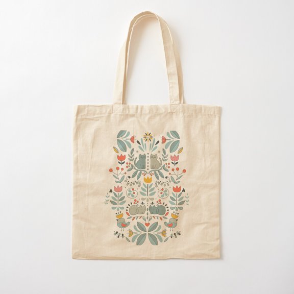 Swedish Folk Cats Style 003 Canvas Tote Bags, Reusable Shopping Bag