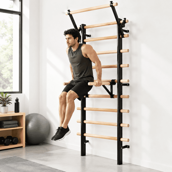 Swedish Ladder Stall Bar with Pull-up Dip Attachments, Wooden Core Strength Exercise