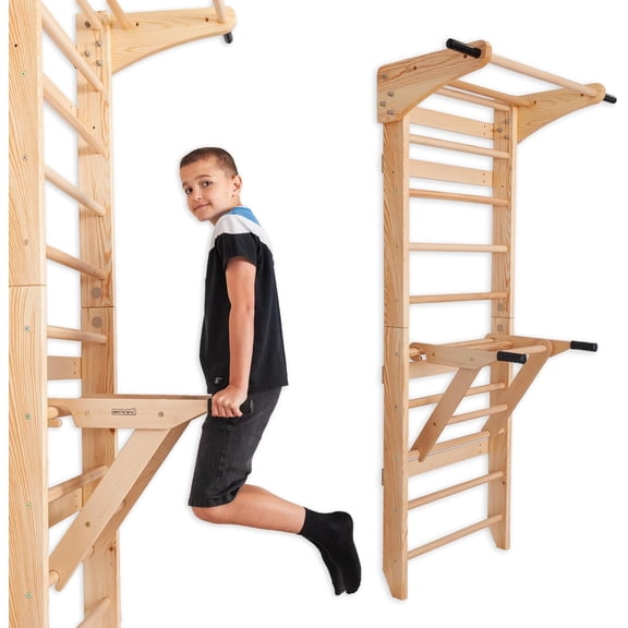 Swedish Ladder Wall Bars with Pull-Up Bar & Dip Station Wooden Stall Bars, Multifunctional Home Gym Wall Ladder for Strength Training & Stretching