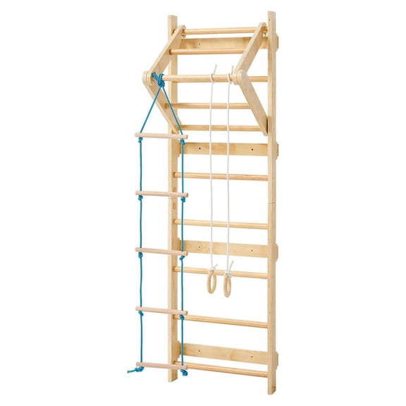 Swedish Ladder Wall Gym, 4-in-1 8-Level Indoor Jungle Gym, 220LBS Loading Solid Wood Gymnastic Stall Bars, Indoor Playground Climbing Playset with Gym Rings, Pull-Up Bar, Rope Ladder, Wall Ladder