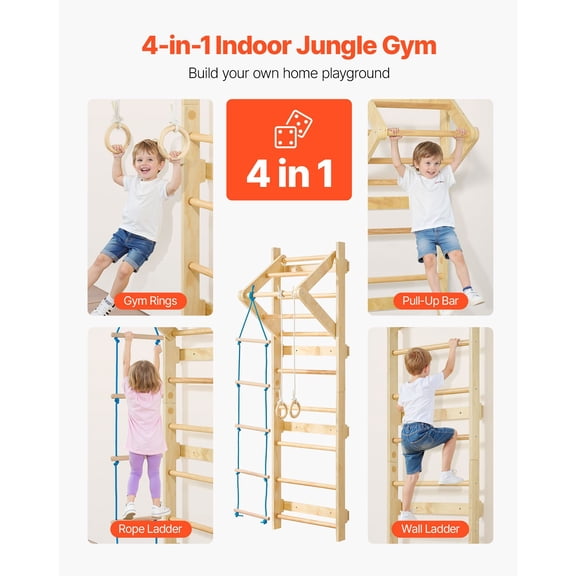 Swedish Ladder Wall Gym, 4-in-1 8-Level Indoor Jungle Gym, 220LBS Loading Solid Wood Gymnastic Stall Bars, Indoor Playground Climbing Playset with Gym Rings, Pull-Up Bar, Rope Ladder