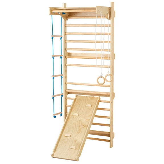 Swedish Ladder Wall Gym 5 in 1 Wooden Indoor Playground Climbing Toys 220 lbs Load Capacity with Pull Up Bar Gymnastic Rings Wall Ladder Rope Ladder and Slide Board