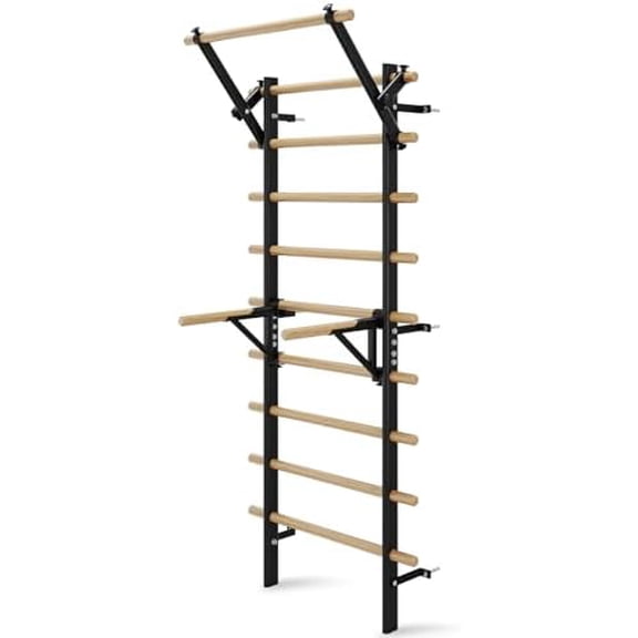 Swedish Ladder Wall Gym, Stall Bar Home Gym with Adjustable Pull-Up Bar, Dip Bar Attachments & 2pcs Resistance Band, 9 Strategic Rods for for Home, School, Hysical Therapy and Gymnastics