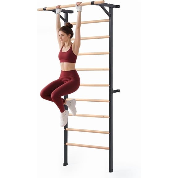 Swedish Ladder Wall Gym, Stall Bars Workout Station, Home Gym Studio Garage, Pull Up Bar Dip Station Bodyweight Training, Modern Ergonomic Fitness Style, Natural Wood Black, One Set