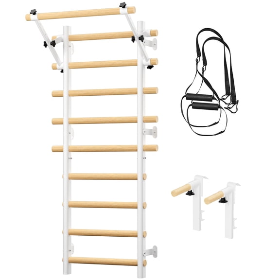 Swedish Ladder Wall Gym Wooden Stall Bars with Pull-Up Bar, Dip Bars & Exercise Straps, Full Body Home Workout Equipment for Adults, White Wood Finish