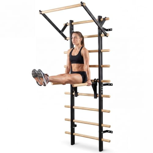 Swedish Ladder,Wall-Mounted Stall Bars with Pull-Up Bar & Dip Bars
