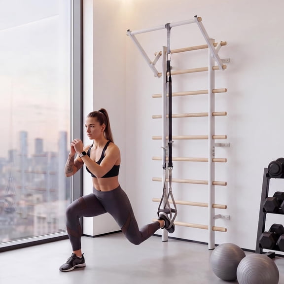 Swedish Ladder, Wall‑Mounted Stall Bars with Pull‑Up Bar and Dip Bars