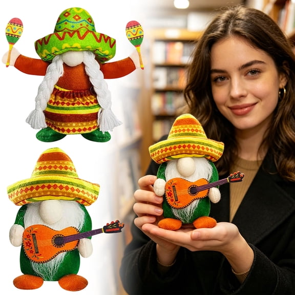 Swedish Style Decorative Doll Decorated with Guitar and Maracas Design, Lightweight Rustic Craft Ornament, Perfect Decor for Home Desktop Party Display and Layered Tray Scene Layout, Green