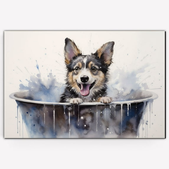 Swedish Vallhund Cute Dog Cat in Bathtube Pictures Painting Prints, Funny Colorfull Animals Bathroom Wall Decor Pet Artworks Pet Gift Ready To Hang, Canvas Wall Art