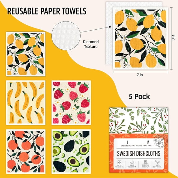 Swedish dishcloth for kitchen, Swedish dishcloth 5 pack, super absorbent reusable washable paper towel, biodegradable, quick drying, dishwasher safe
