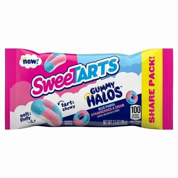 SweeTARTS Gummy Halos, Candy, Blue Punch and Strawberries and Cream, Tart and Chewy, Soft and Fluffy, 3.5 oz - 4 pack