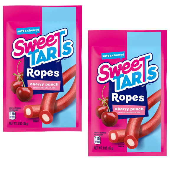 SweeTARTS Soft and Chewy Ropes, Cherry Punch Fruity Flavor Candy, No Artificial Flavor or Colors Licorice Great for Halloween Trick or Treats Goody Bag Filler and Christmas Stocking 3oz Pack of 2