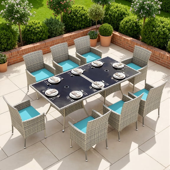 Sweecci 10 Pcs Patio Dining Sets, Rattan Patio Table and Chair Set, All Weather Conversation Sets with Tempered Glass Table, Waterproof Cushions, Ergonomic Chairs for Patio Garden Backyard,Turquoise