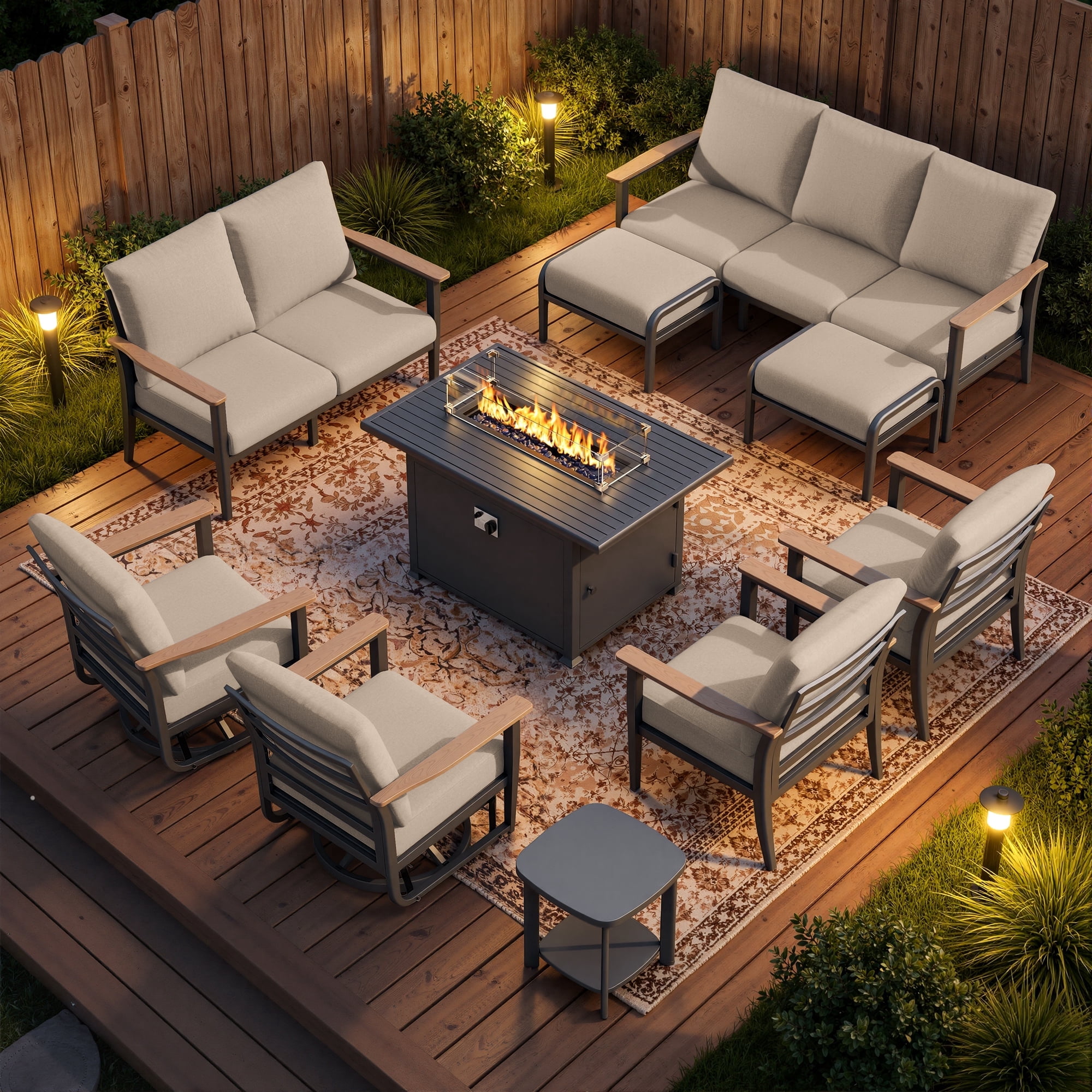 Sweecci 10 Piece Aluminum Patio Furniture Set, 55000 BTU Propane Fire Pit Table, Swivel Rocker Sofas Set with Ottomans, Outdoor Conversation Set for Backyard, Garden, Porch, Deck,Khaki